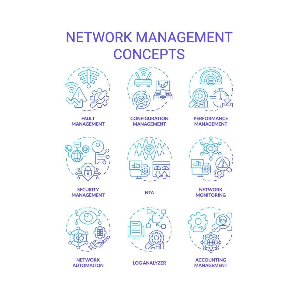 Network management blue gradient concept icons. System architecture, performance monitoring. Network automation, log analyzer. Icon pack. Vector images. Round shape illustrations. Abstract idea