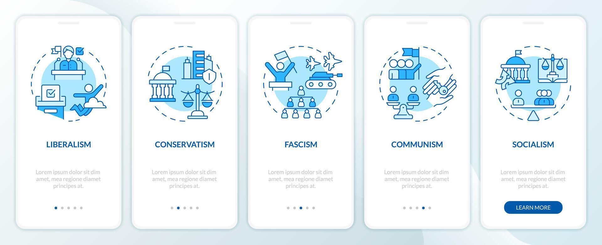 Political ideologies blue onboarding mobile app screen. Walkthrough 5 steps editable graphic instructions with linear concepts. UI, UX, GUI template vector