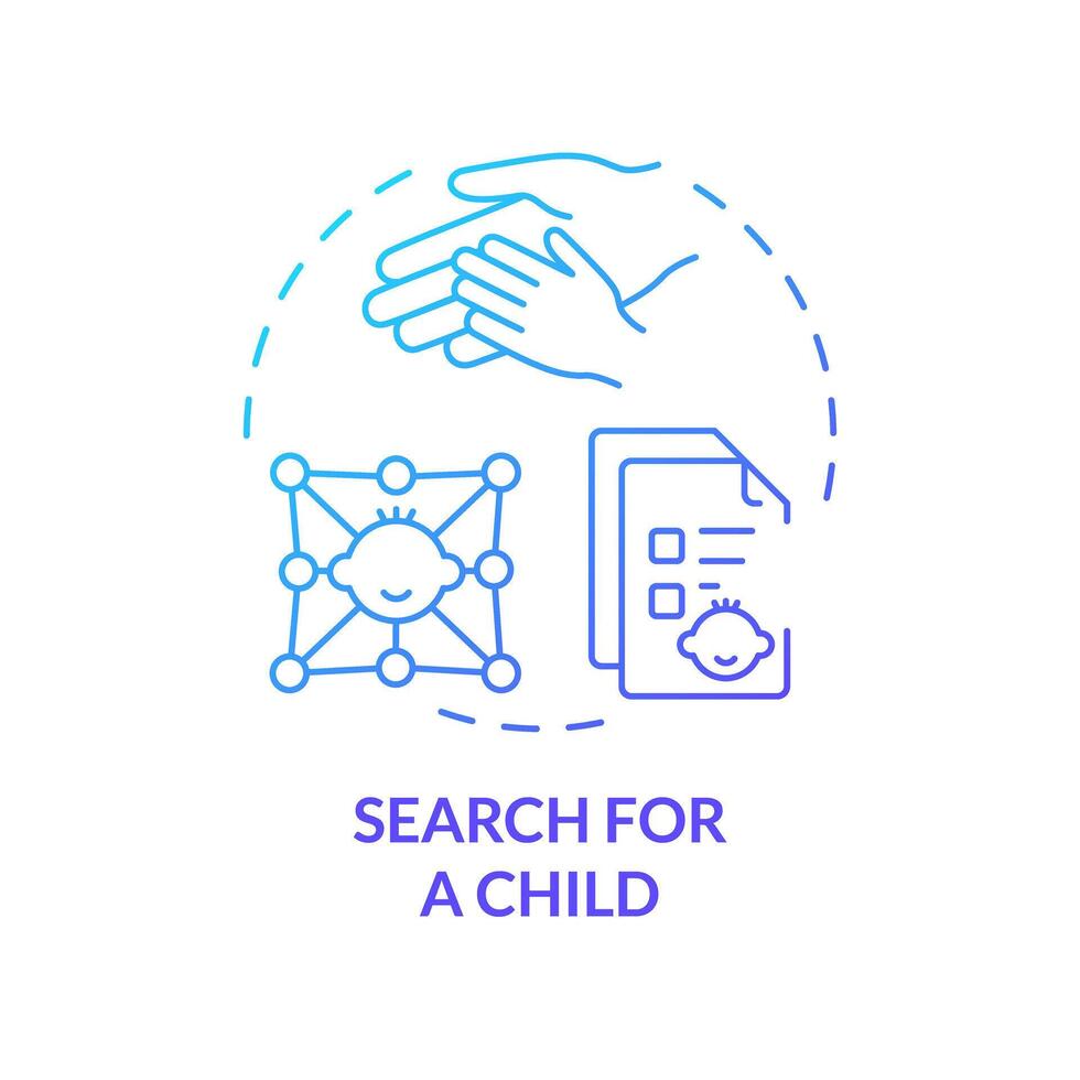 Search for child blue gradient concept icon. Waiting for adoption. Matching with baby. Child care. Social services. Round shape line illustration. Abstract idea. Graphic design. Easy to use vector