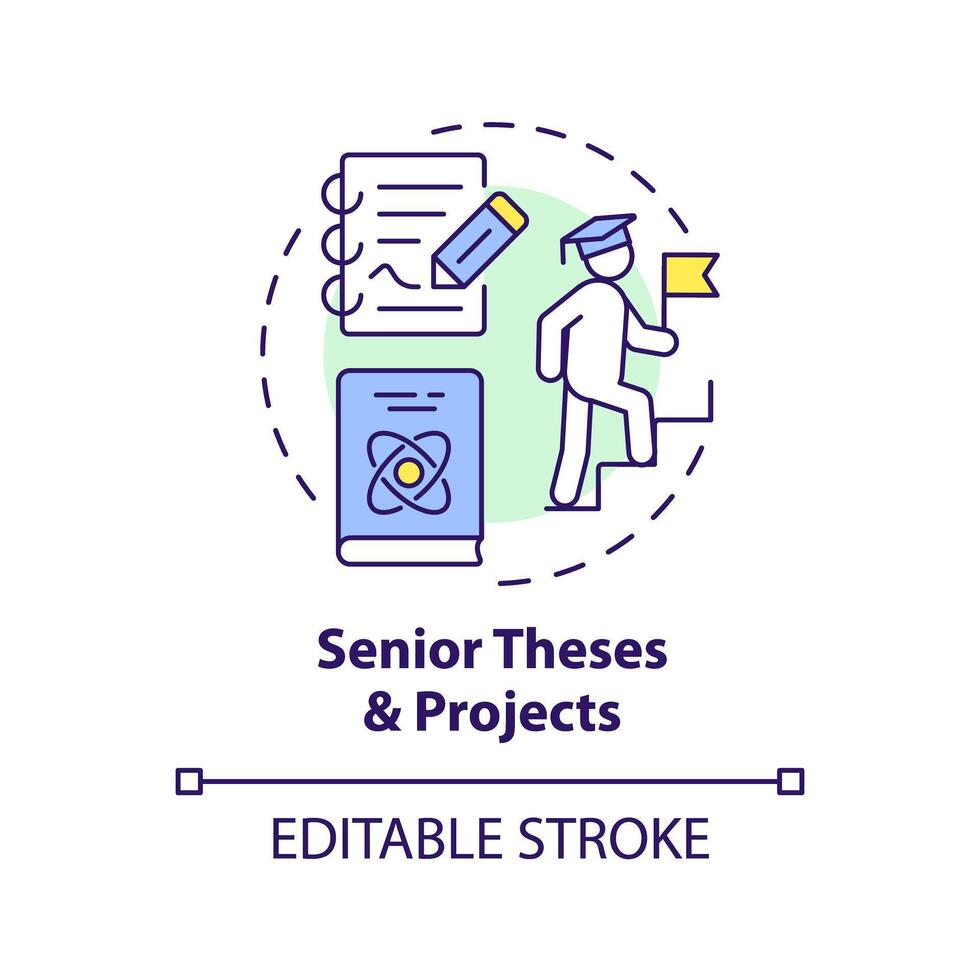 Senior theses and projects multi color concept icon. Comprehensive projects. Round shape line illustration. Abstract idea. Graphic design. Easy to use in presentation vector
