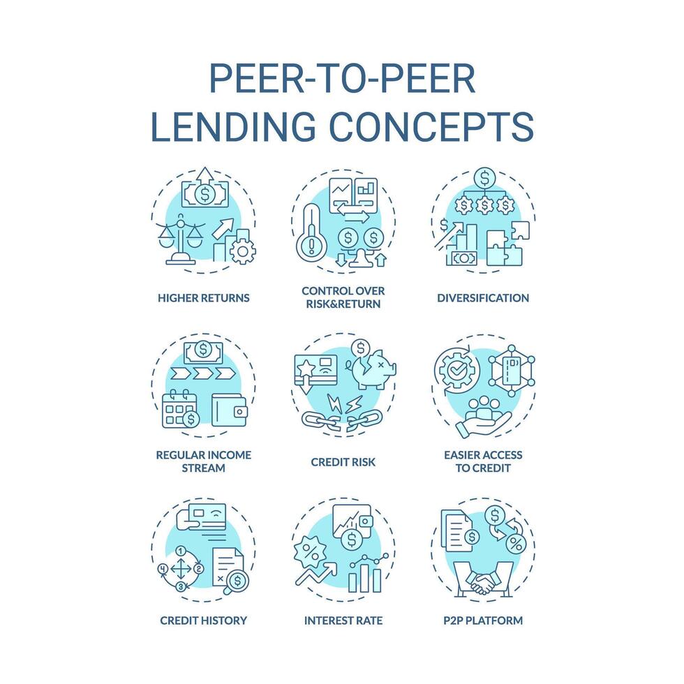 Peer-to-peer lending soft blue concept icons. Borrowing and lending money. Investment. Connecting borrowers with investors. Icon pack. Vector images. Round shape illustrations. Abstract idea