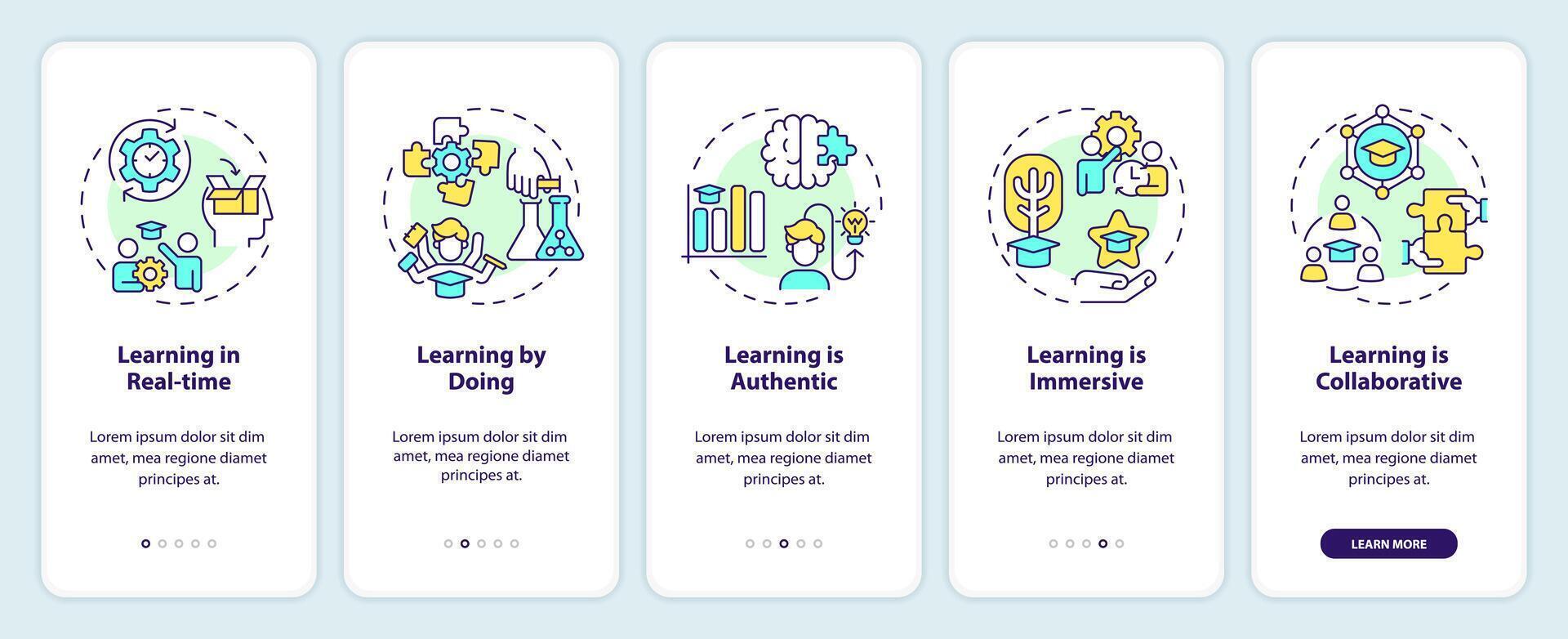 Experiential learning notions onboarding mobile app screen. Education walkthrough 5 steps editable graphic instructions with linear concepts. UI, UX, GUI template vector