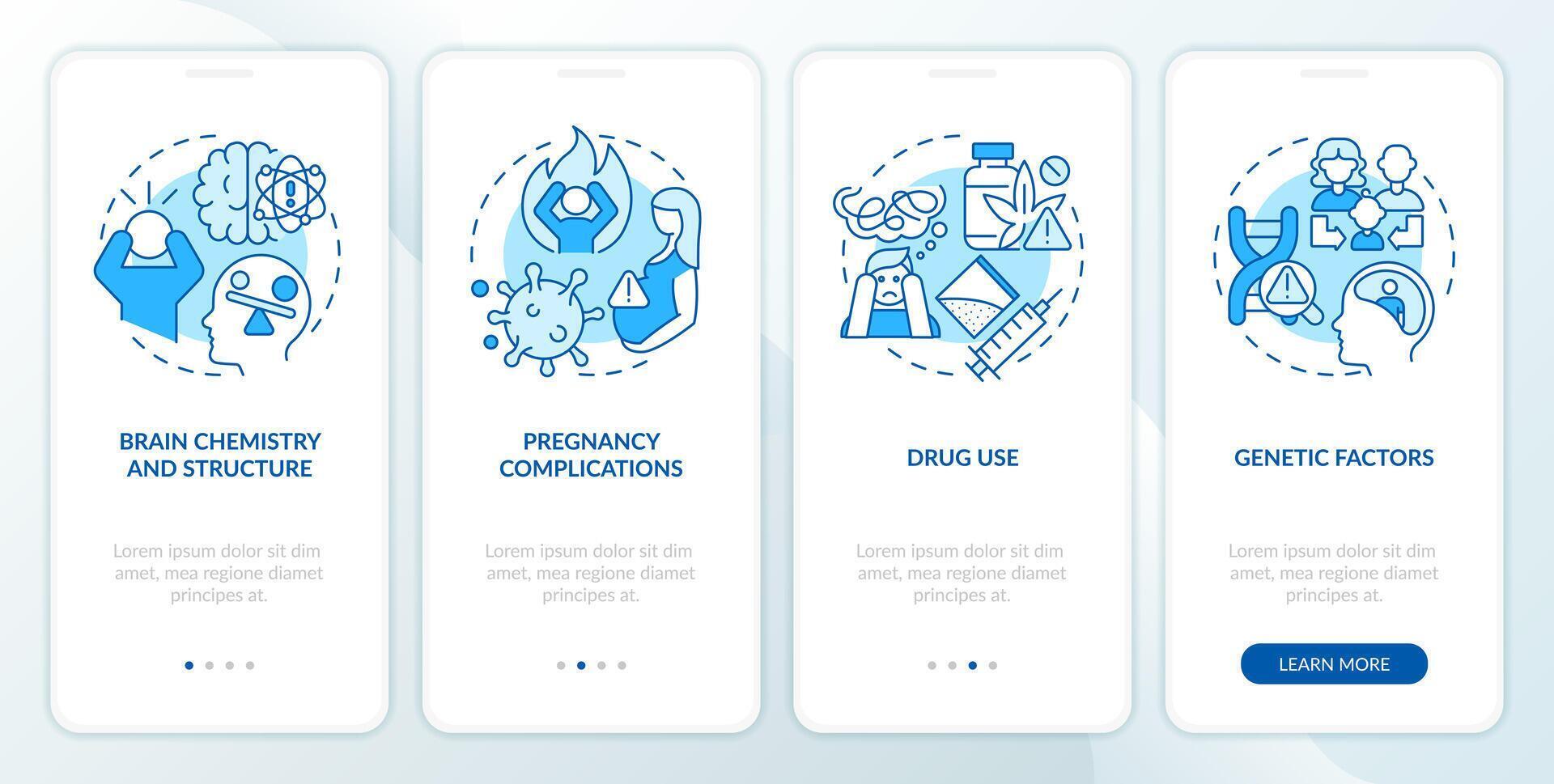 Schizophrenia causes blue onboarding mobile app screen. Risk factors. Walkthrough 4 steps editable graphic instructions with linear concepts. UI, UX, GUI template vector