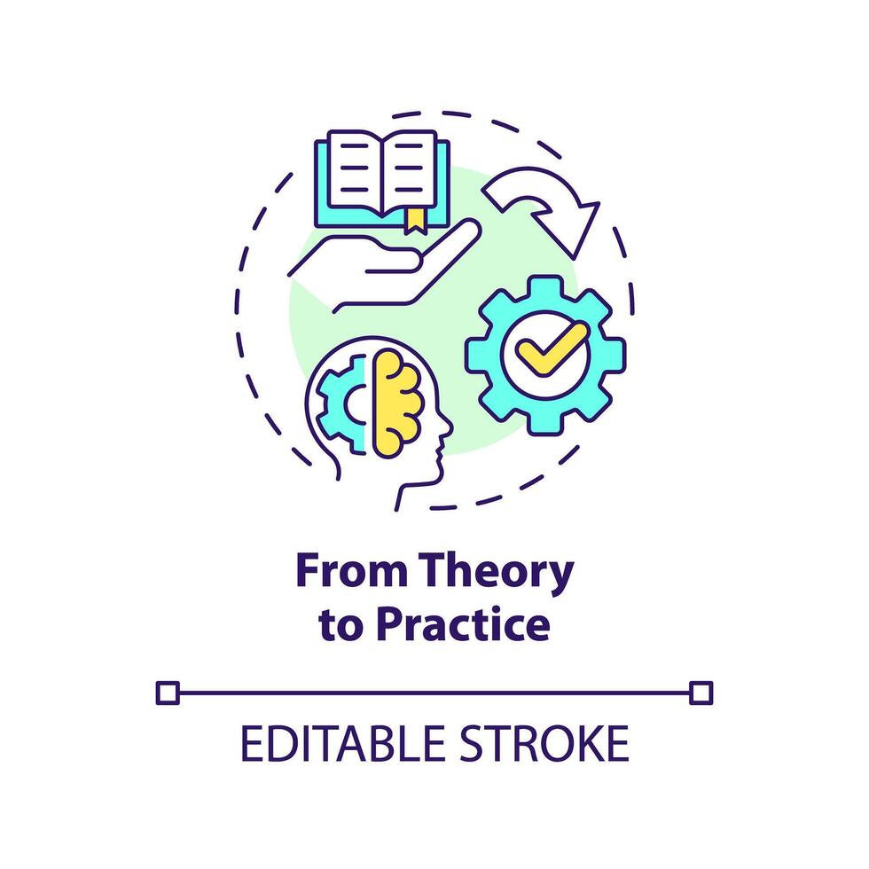 From theory to practice multi color concept icon. Apply theoretical knowledge to real life. Round shape line illustration. Abstract idea. Graphic design. Easy to use in presentation vector