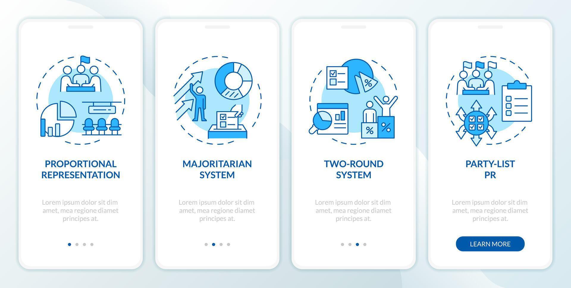 Election system blue onboarding mobile app screen. Democracy ballots. Walkthrough 4 steps editable graphic instructions with linear concepts. UI, UX, GUI template vector