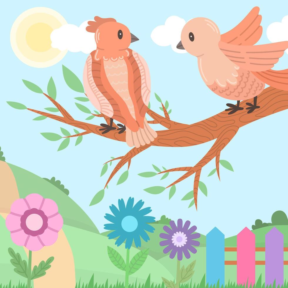 Two birds sit on a branch in a summer or spring landscape. Vector illustration