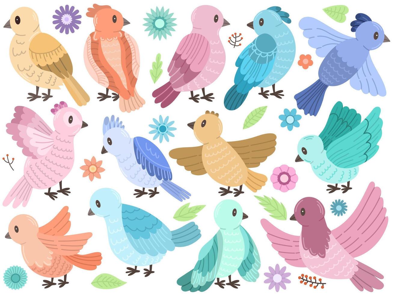 Large set with birds, flowers and leaves on a white background. Vector cute illustration