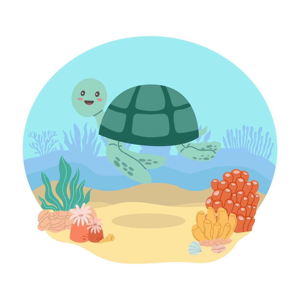 Sea animal turtle against the backdrop of a sea or ocean landscape. Vector illustration