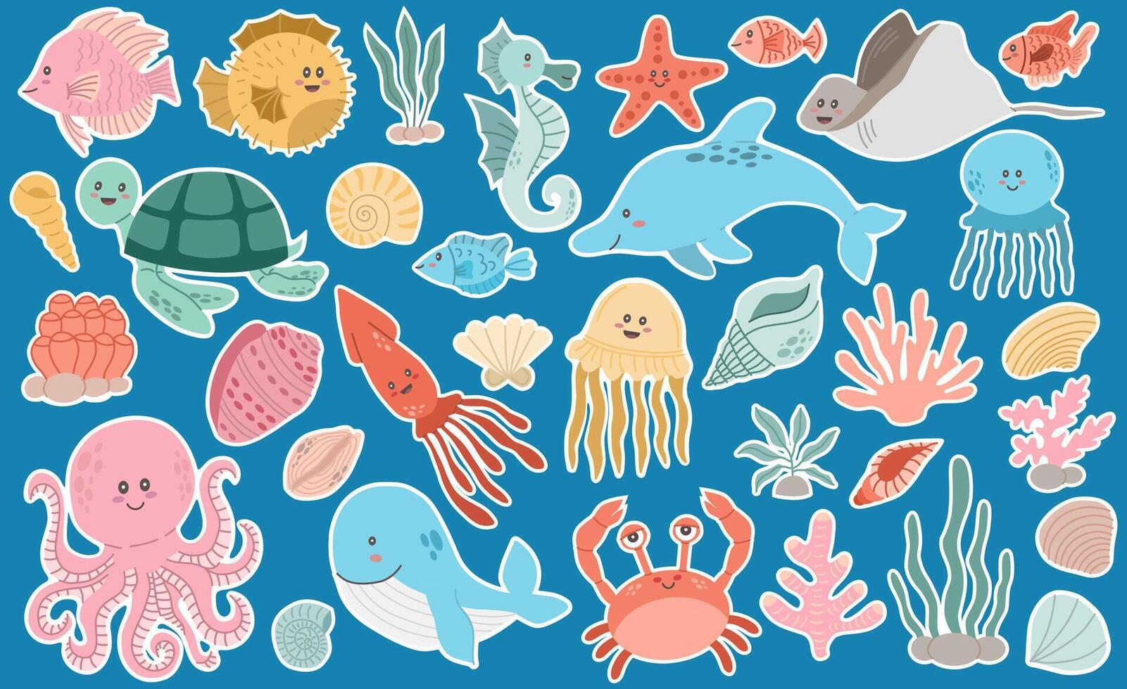 A large set of different cute sea animals, corals and shells. Vector illustration