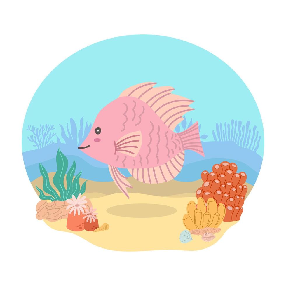 Pink fish, a sea animal, against the backdrop of a sea or ocean landscape. Vector illustration