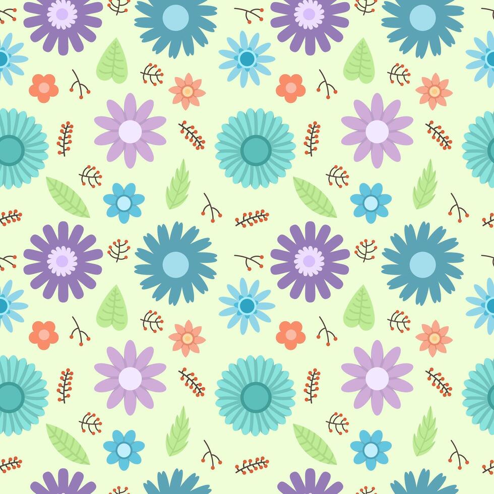 Seamless green pattern with colorful flowers and leaves. Vector