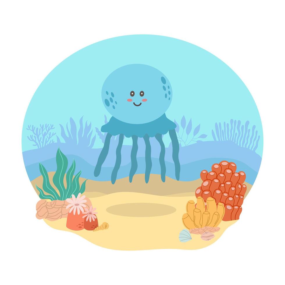 Blue jellyfish, sea animal against the backdrop of a sea or ocean landscape. Vector illustration