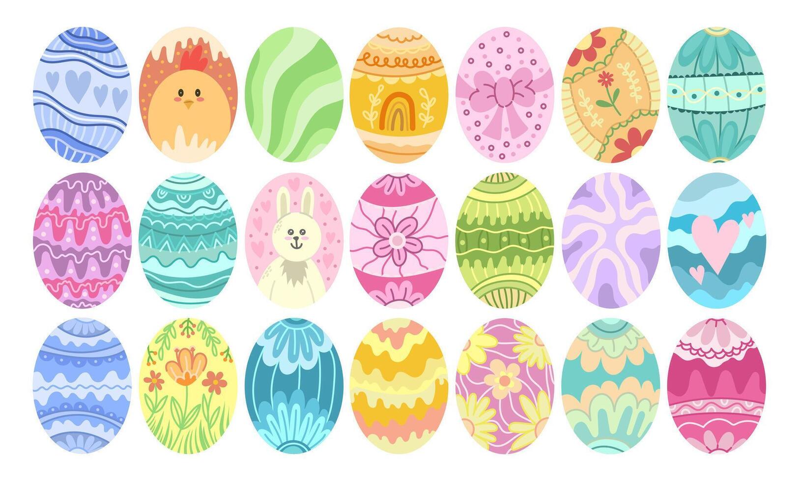 Large collection of different abstract, floral animalistic Easter eggs. Colored vector set