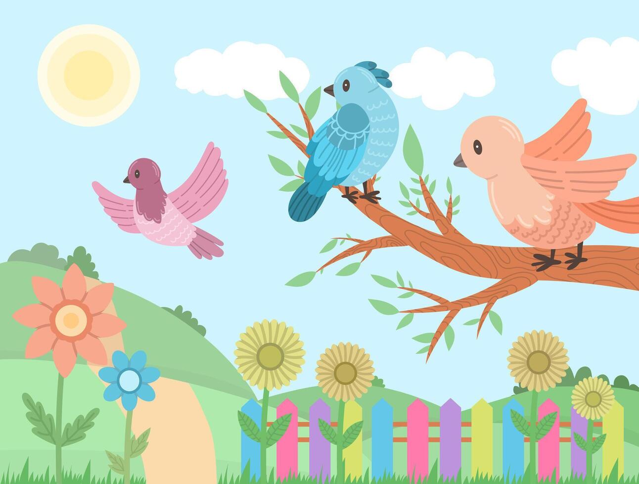 Birds modern flat illustration on a summer or spring landscape. Vector