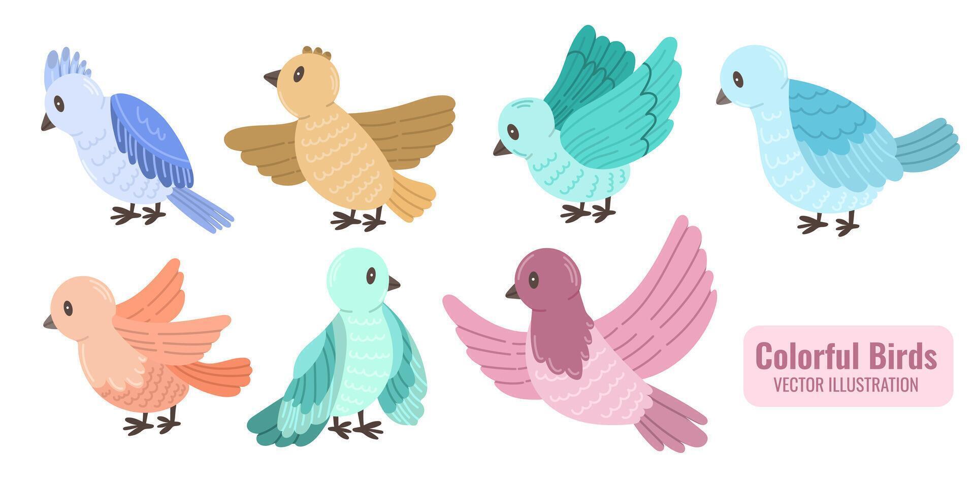 Multi-colored birds on a white background. Flat vector