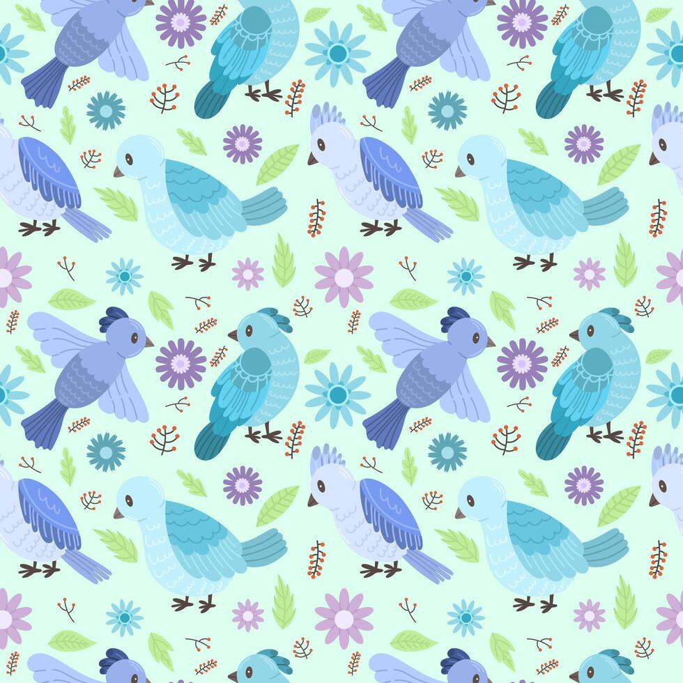 Seamless pattern modern illustration with birds, flowers and leaves vector