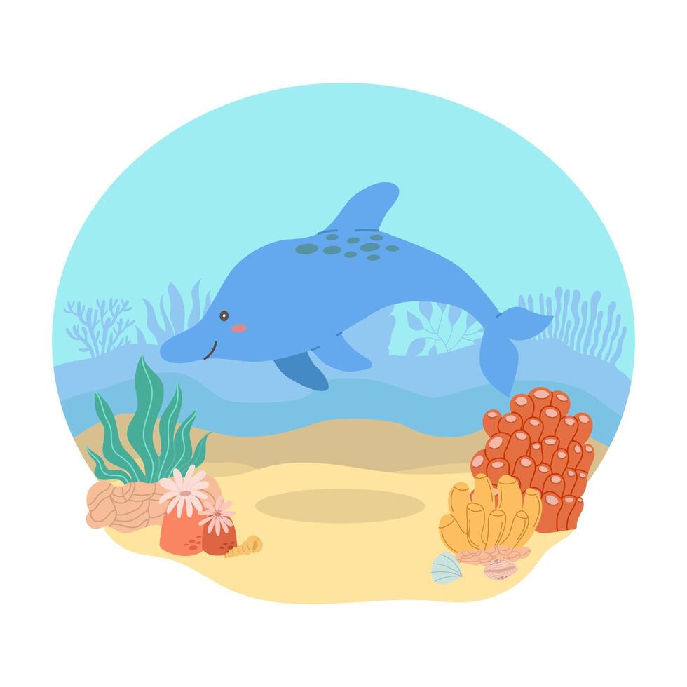 delfín es un mar animal en contra el fondo de un mar o Oceano paisaje. vector ilustración