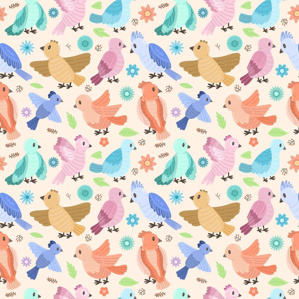 Seamless pattern with colorful birds, flowers and leaves on a colored background. Cute birds modern flat design vector