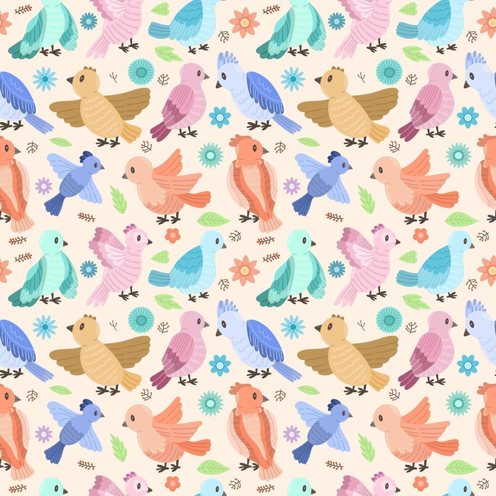 Seamless pattern with colorful birds, flowers and leaves on a colored background. Cute birds modern flat design vector