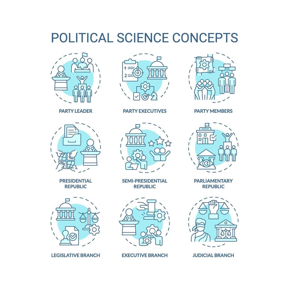 Political science soft blue concept icons. Government structure, social politics. Democracy ideology, law regulation. Icon pack. Vector images. Round shape illustrations. Abstract idea