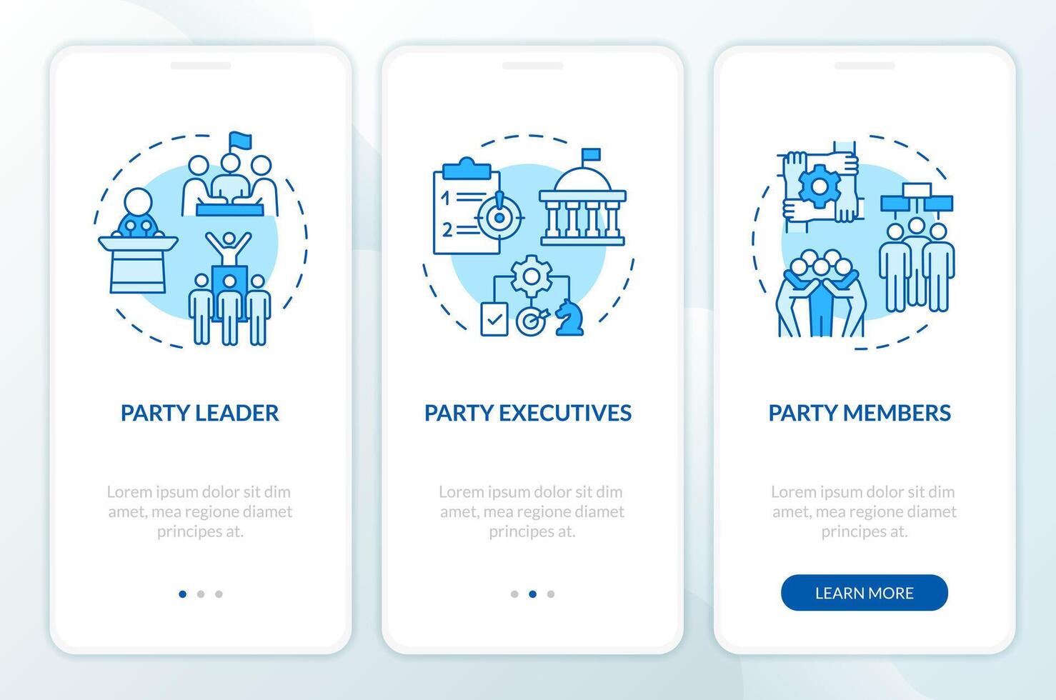 Political party structure blue onboarding mobile app screen. Walkthrough 3 steps editable graphic instructions with linear concepts. UI, UX, GUI template vector