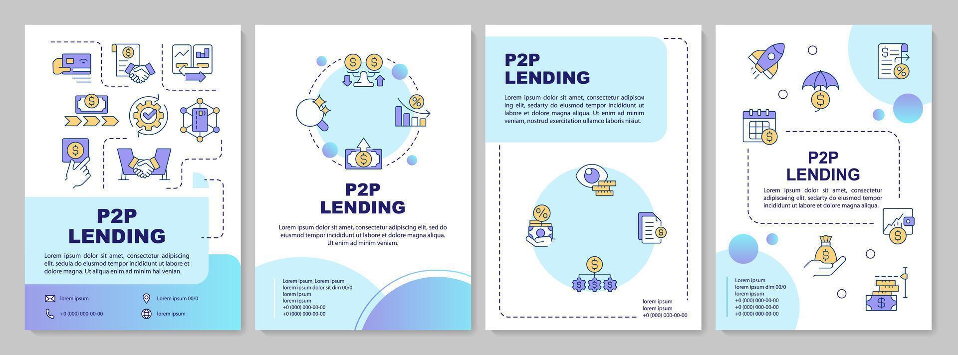 P2P lending blue circle brochure template. Alternative lending. Leaflet design with linear icons. Editable 4 vector layouts for presentation, annual reports