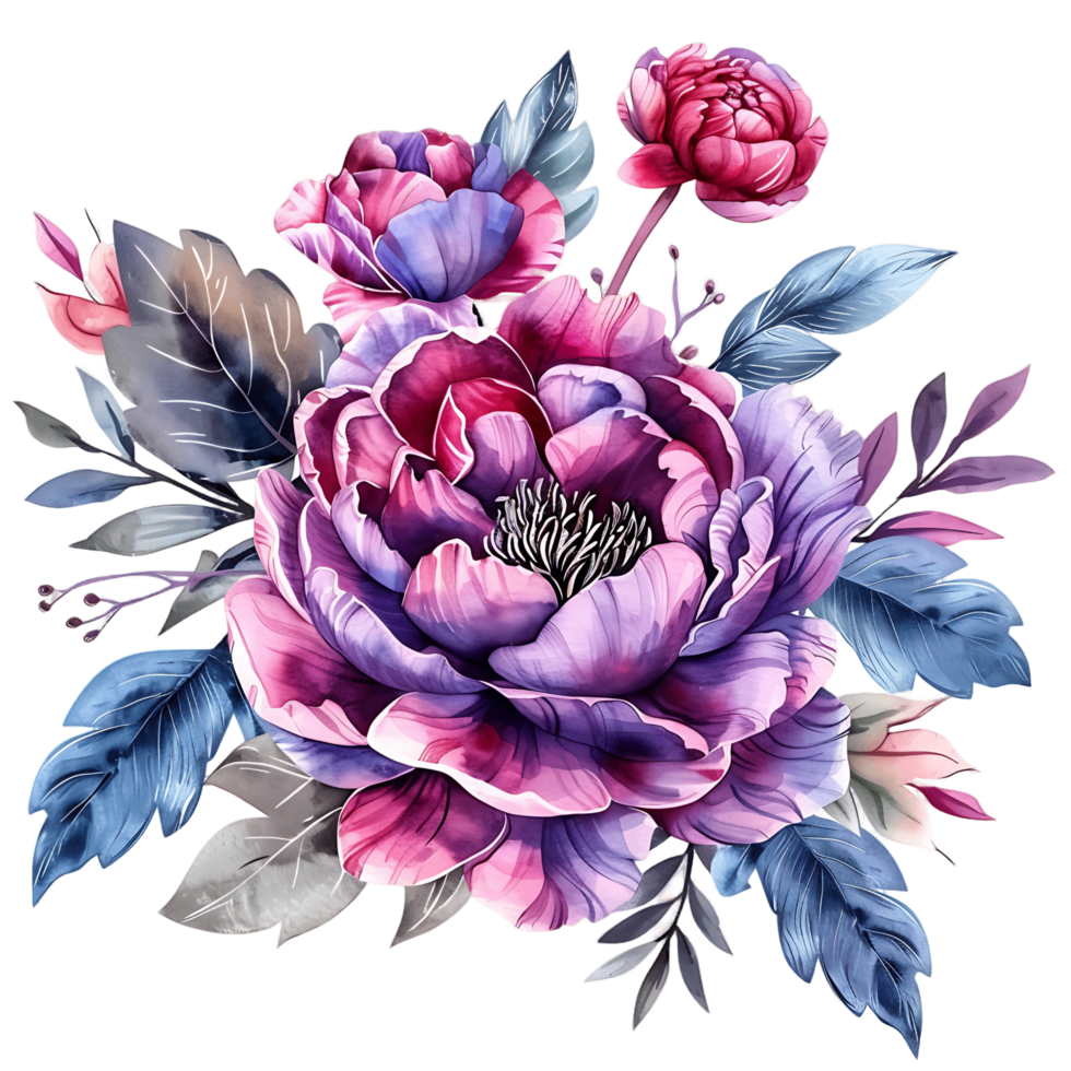 AI generated Elegant Magenta Peony Flower Clipart in Watercolor png