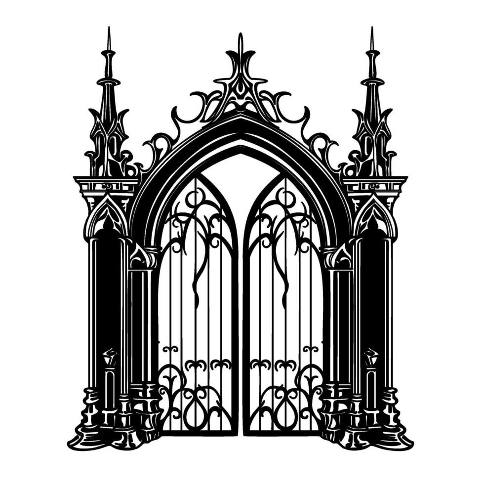 Gates forged sketch. Artistic forging. Iron door design. Vector illustration isolated on white background. Exterior. Garden gate.