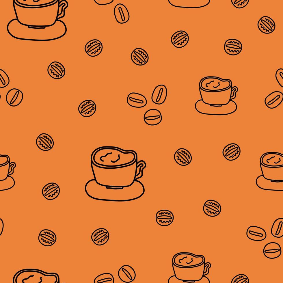 Seamless pattern on a coffee theme with a cup and coffee beans in doodle style on an orange background vector