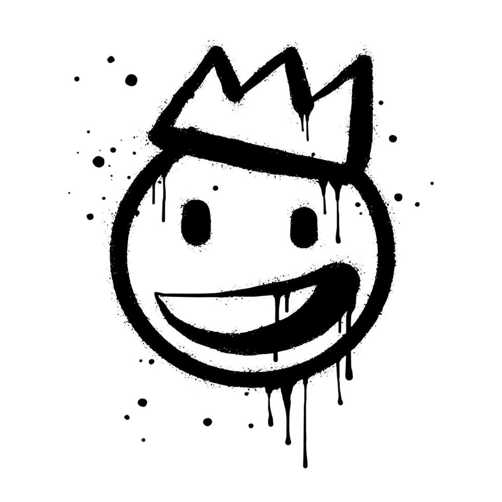 sonriente cara emoticon personaje con corona. rociar pintado pintada sonrisa cara en negro terminado blanco. aislado en blanco antecedentes. vector ilustración