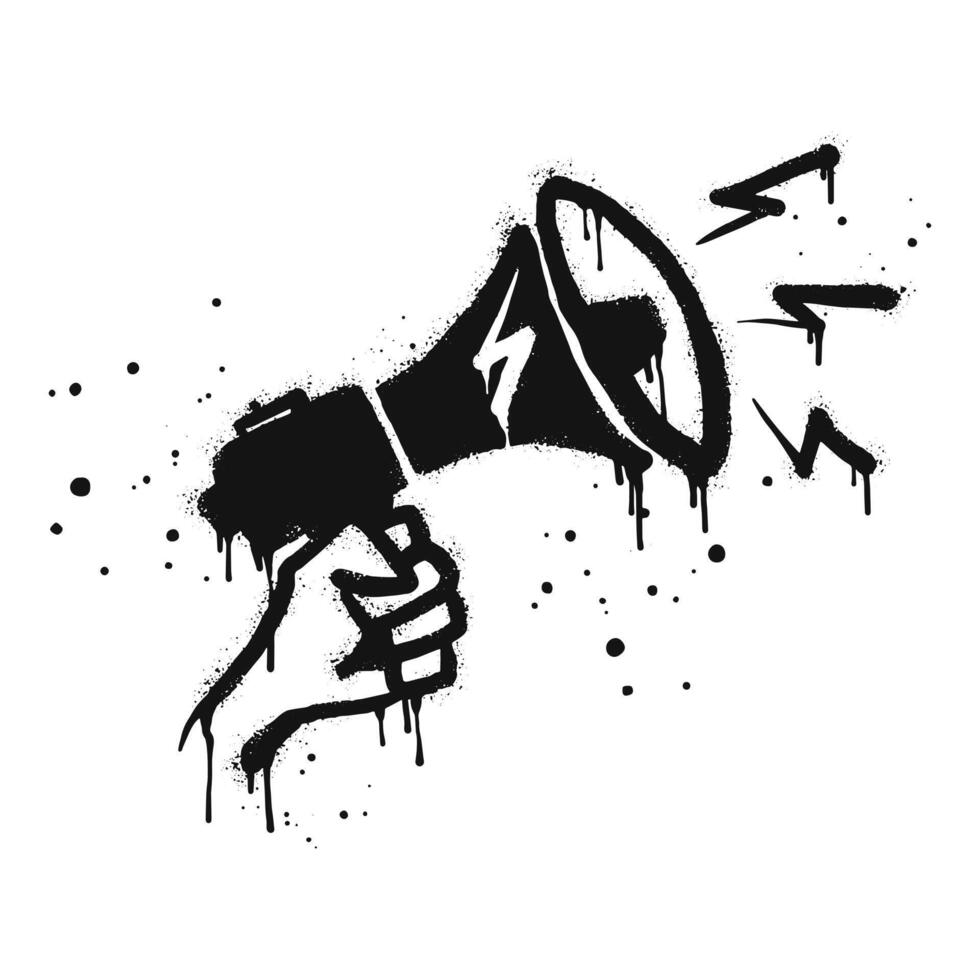 Hand is holding a megaphone or loud speaker. Spray painted graffiti megaphone on black over white. Demonstration, protest drip symbol. isolated on white background. vector illustration