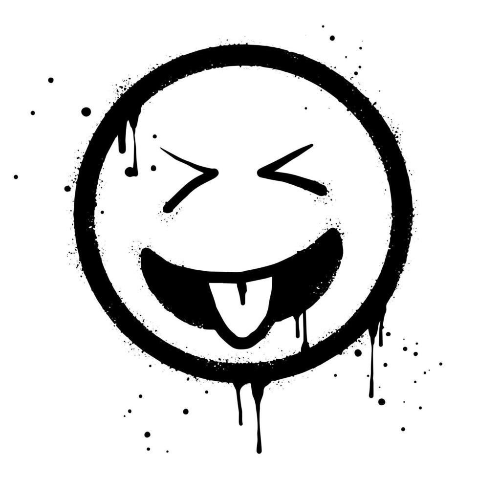 cara con lengua fuera emoticon personaje. rociar pintado pintada sonrisa cara con lengua fuera en negro terminado blanco. aislado en blanco antecedentes. vector ilustración