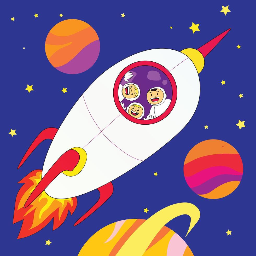 Tres muy contento niños montando un cohete y explorador espacio vector ilustración