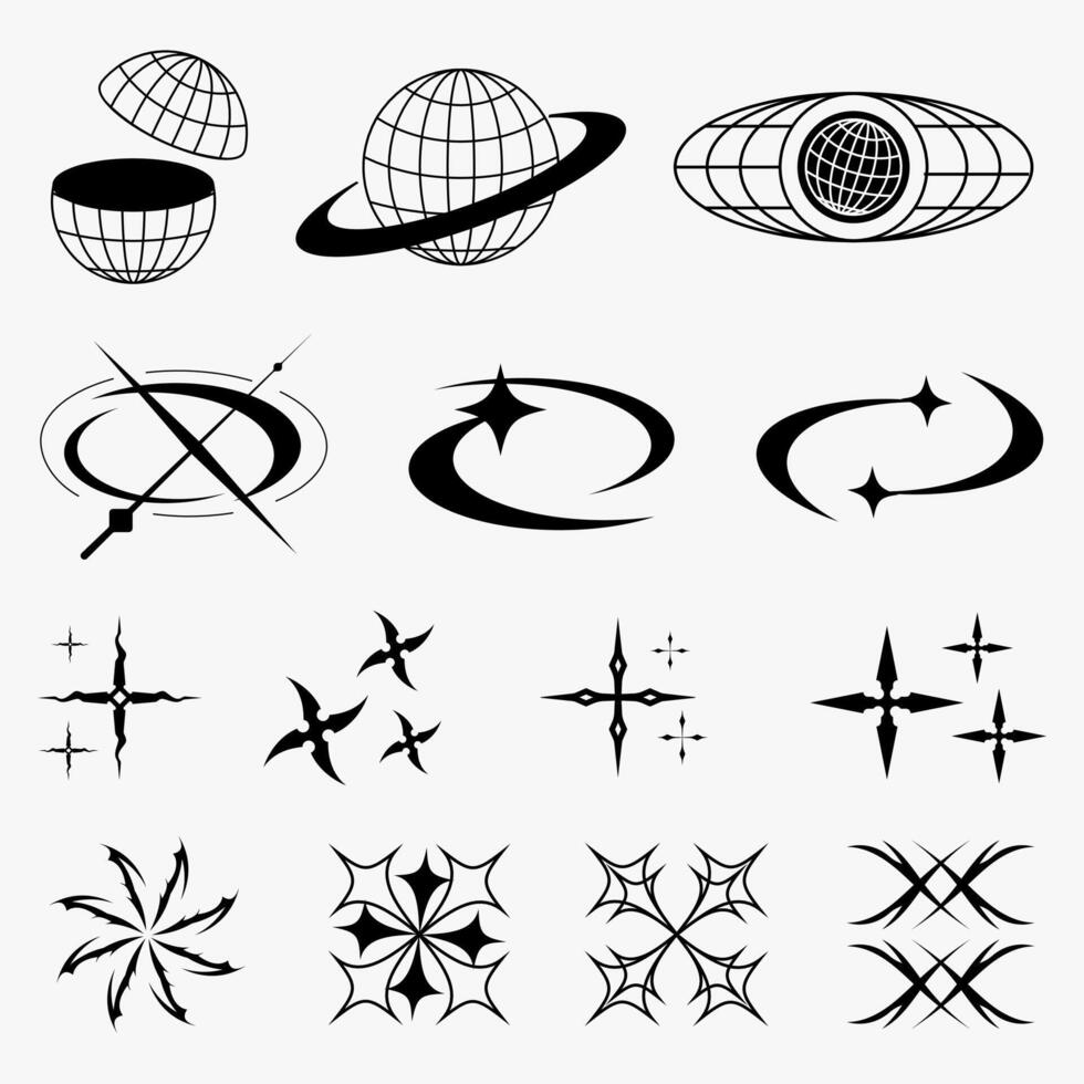 Y2K tribal, globes, stars shapes in retro futuristic style for clothing design vector