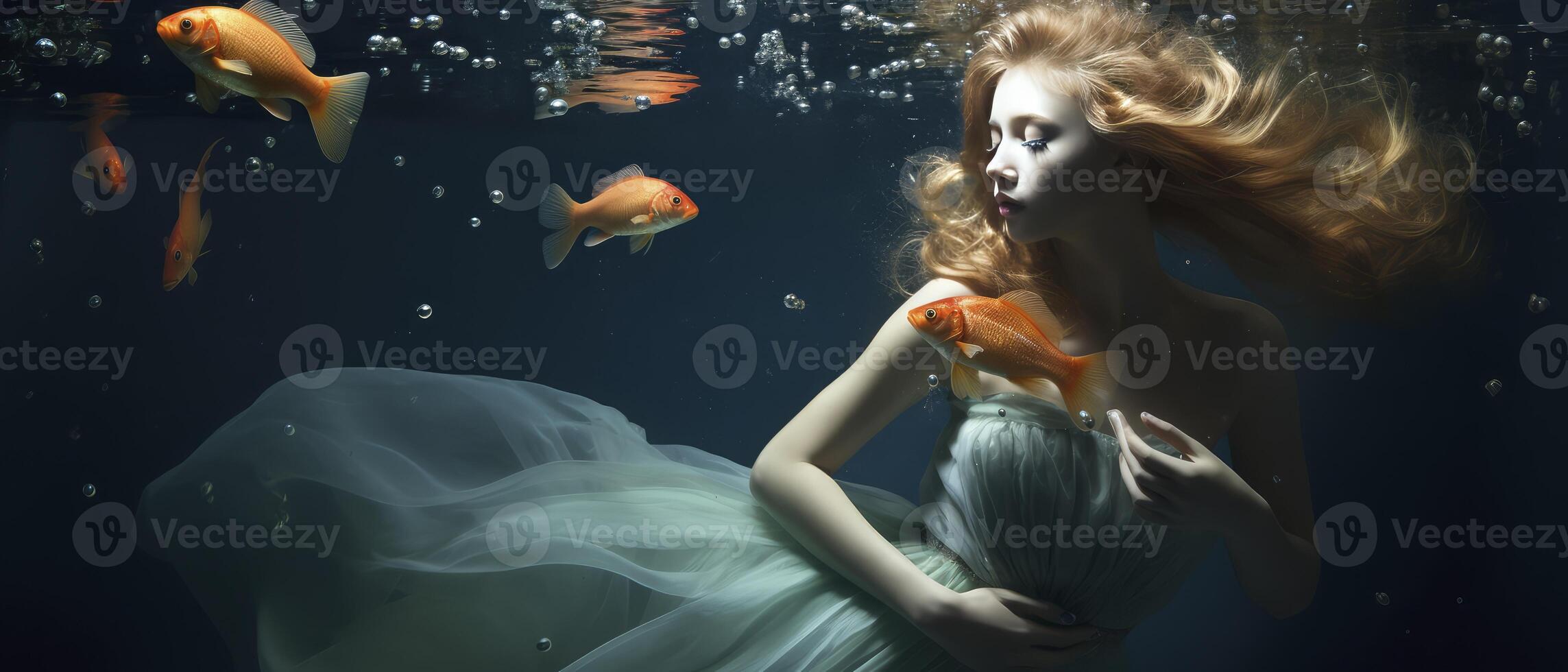 AI generated Woman in White Dress Standing in Front of Fish Tank photo