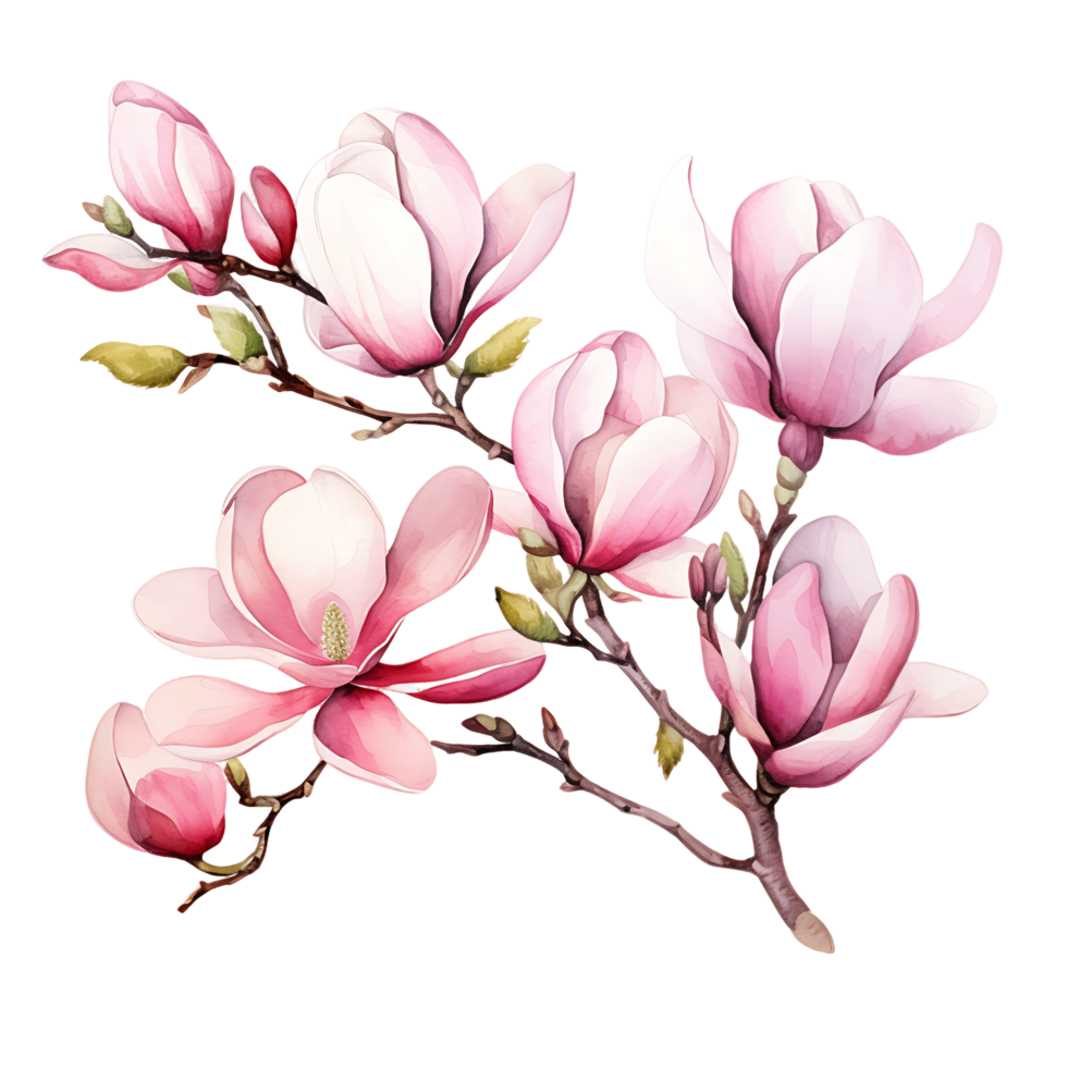 AI generated Transparent Watercolor Magnolia Blooms and Branches png