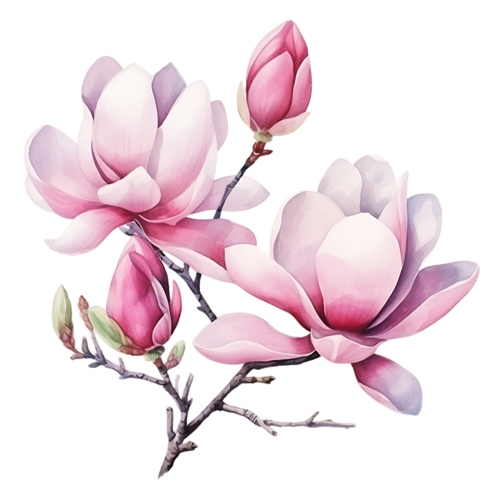 AI generated watercolor pink magnolia flowers and branches isolated on transparent background png