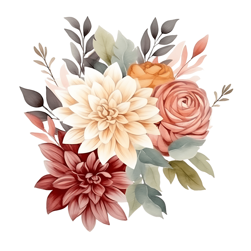 AI generated Ethereal Dahlia, Rose, and Eucalyptus in Autumn Watercolor png