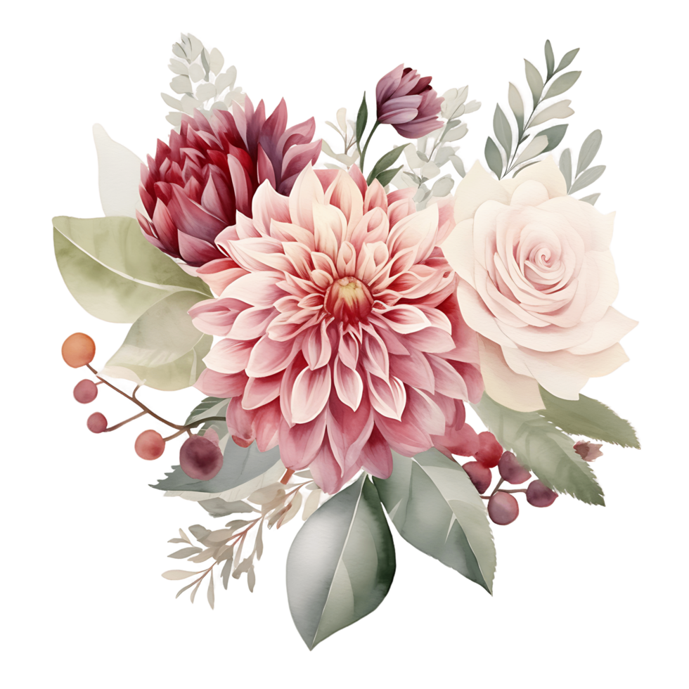 AI generated Graceful Dahlia, Rose, and Eucalyptus Bouquet on Clear Canvas png