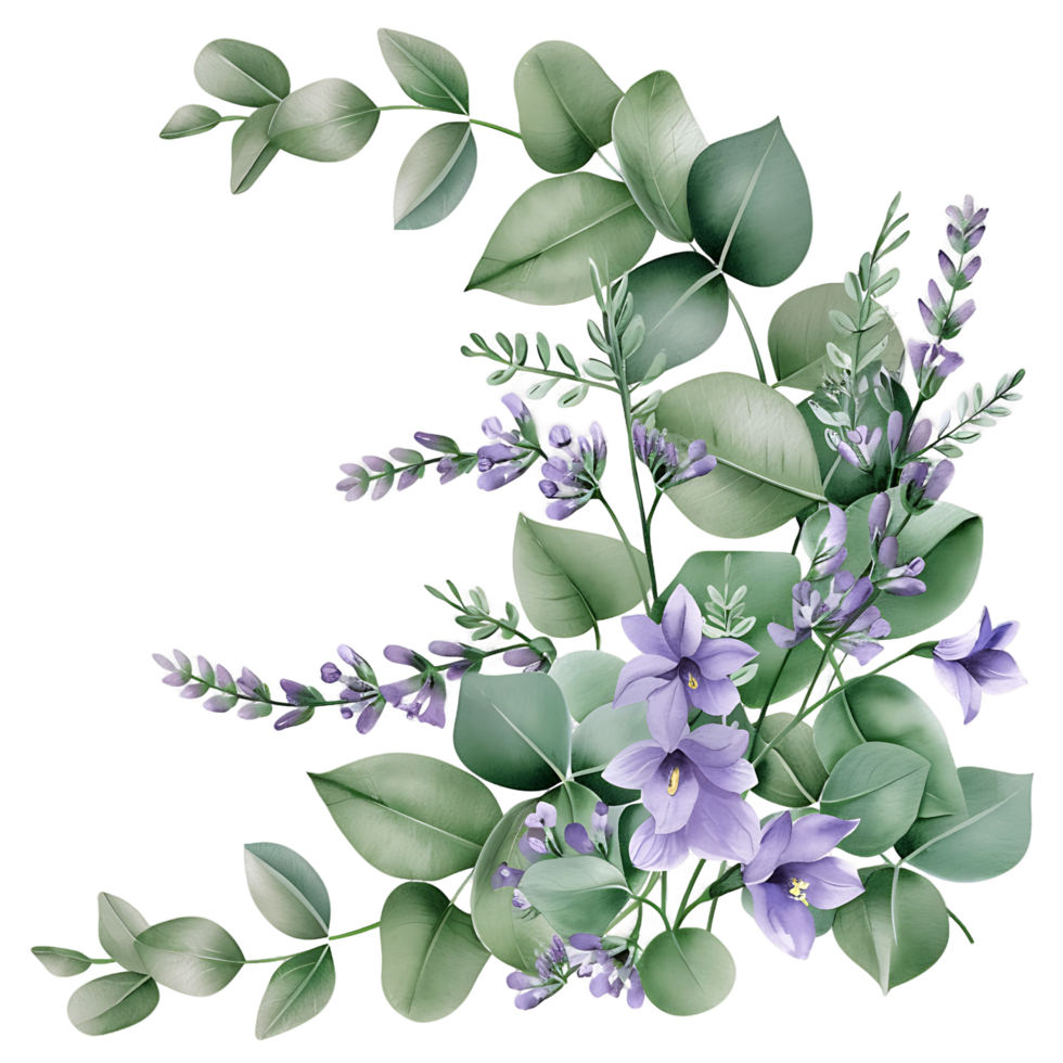 AI generated Watercolor eucalyptus leaves and lavender flower illustration png