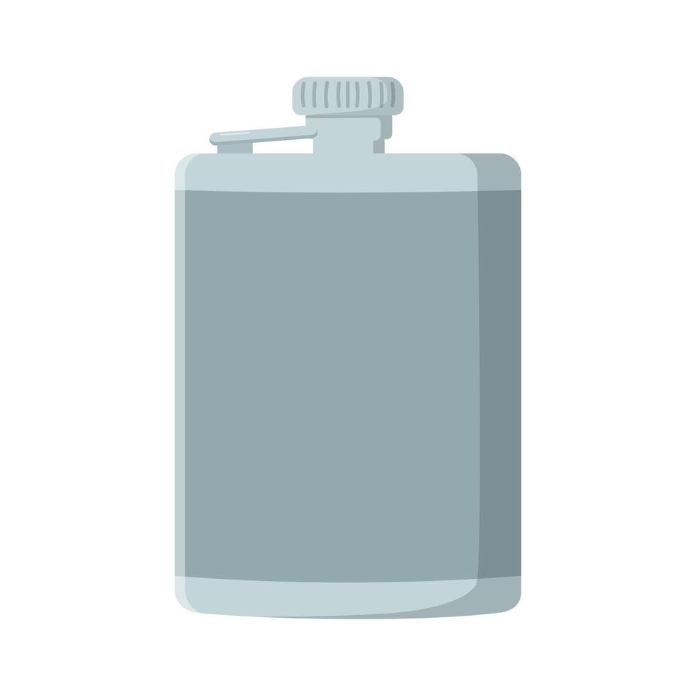 Travel flask for long hikes and outdoor trips, flat vector cartoon illustration. Isolated on white background. Metal flask for water and drink container.