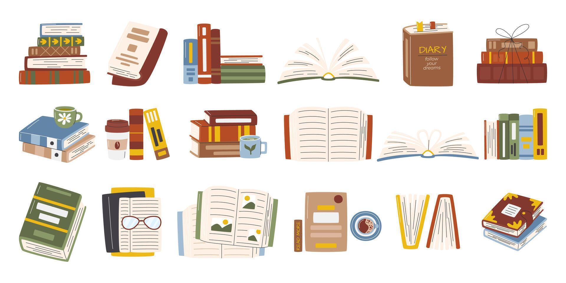 World Book Day big collection isolated on white. Cute reading set.Education and study concept design elements. Stack of books, pile of textbooks and diary. Leisure hand drawn flat vector illustration