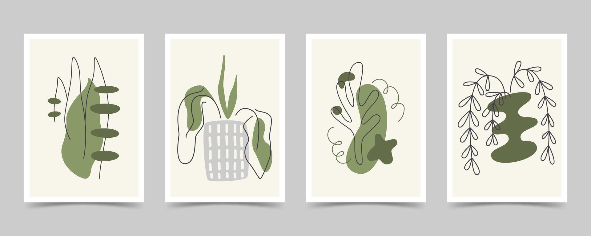 Vintage wall print set with plants. Abstract art with green blobs and botanical line art. Vertical retro posters collection. Houseplants in collage style. Organic hand drawn flat vector illustration