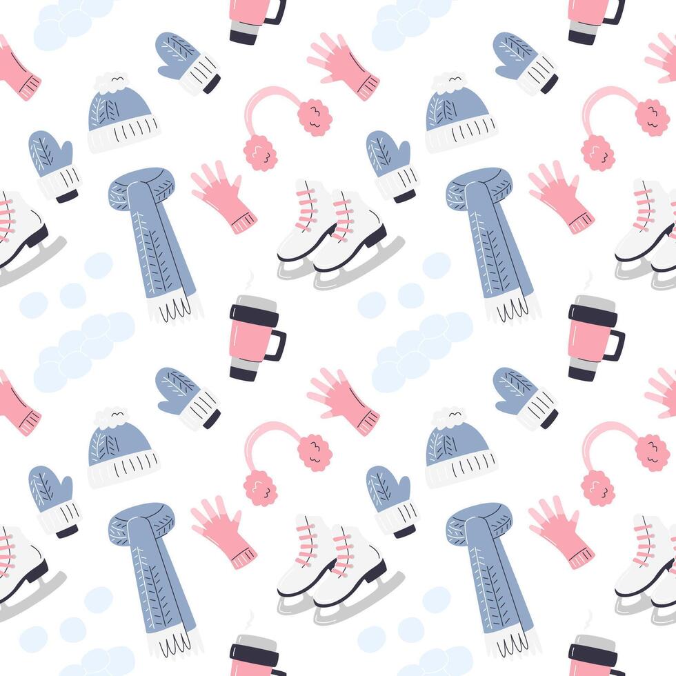 Ice skating boots and furry headphones design. Outdoor activity square pattern isolated. Sport and recreation seamless print. Seasonal repeated background. Winter hand drawn flat vector illustration