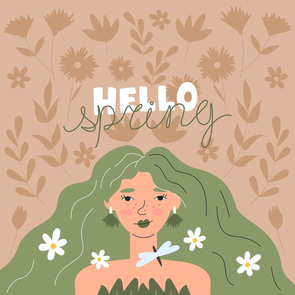Hello spring handwritten lettering art. Floral greeting card template. Seasonal banner with female character and flowers. Beautiful girl personage concept. Nature hand drawn flat vector illustration