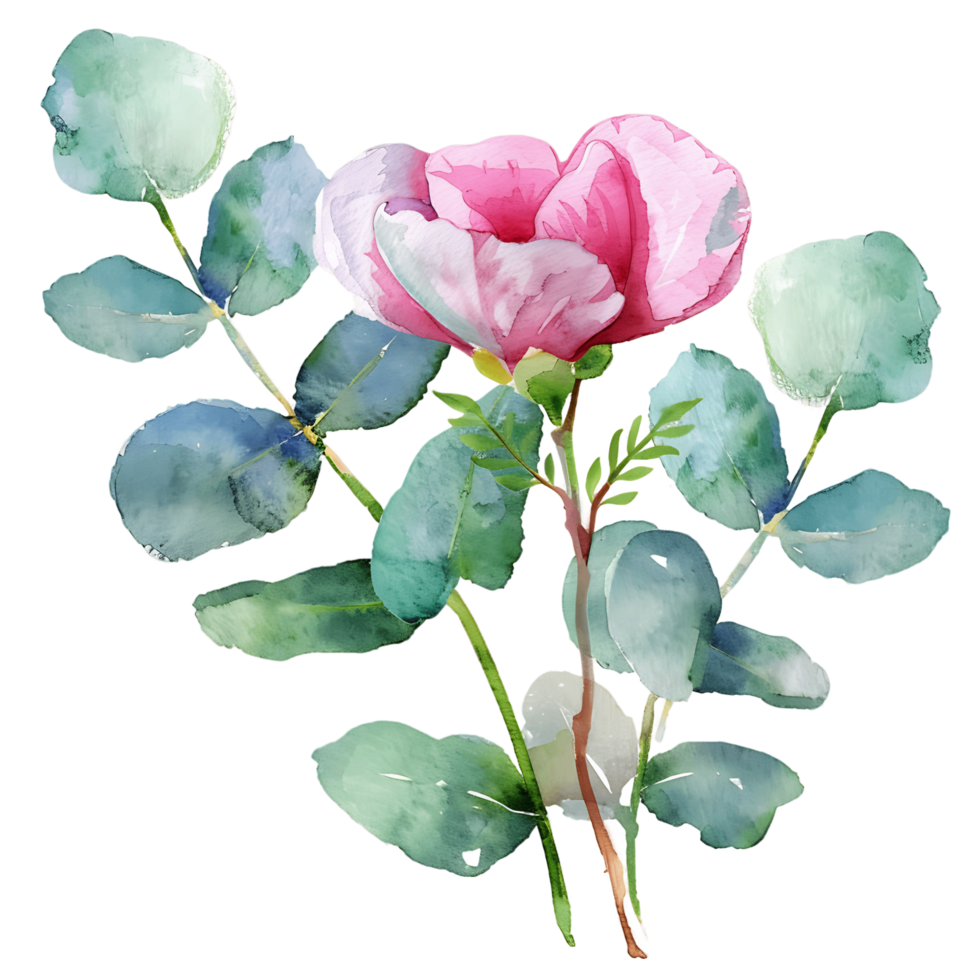 ai gerado sutil Rosa flor com eucalipto folhas png