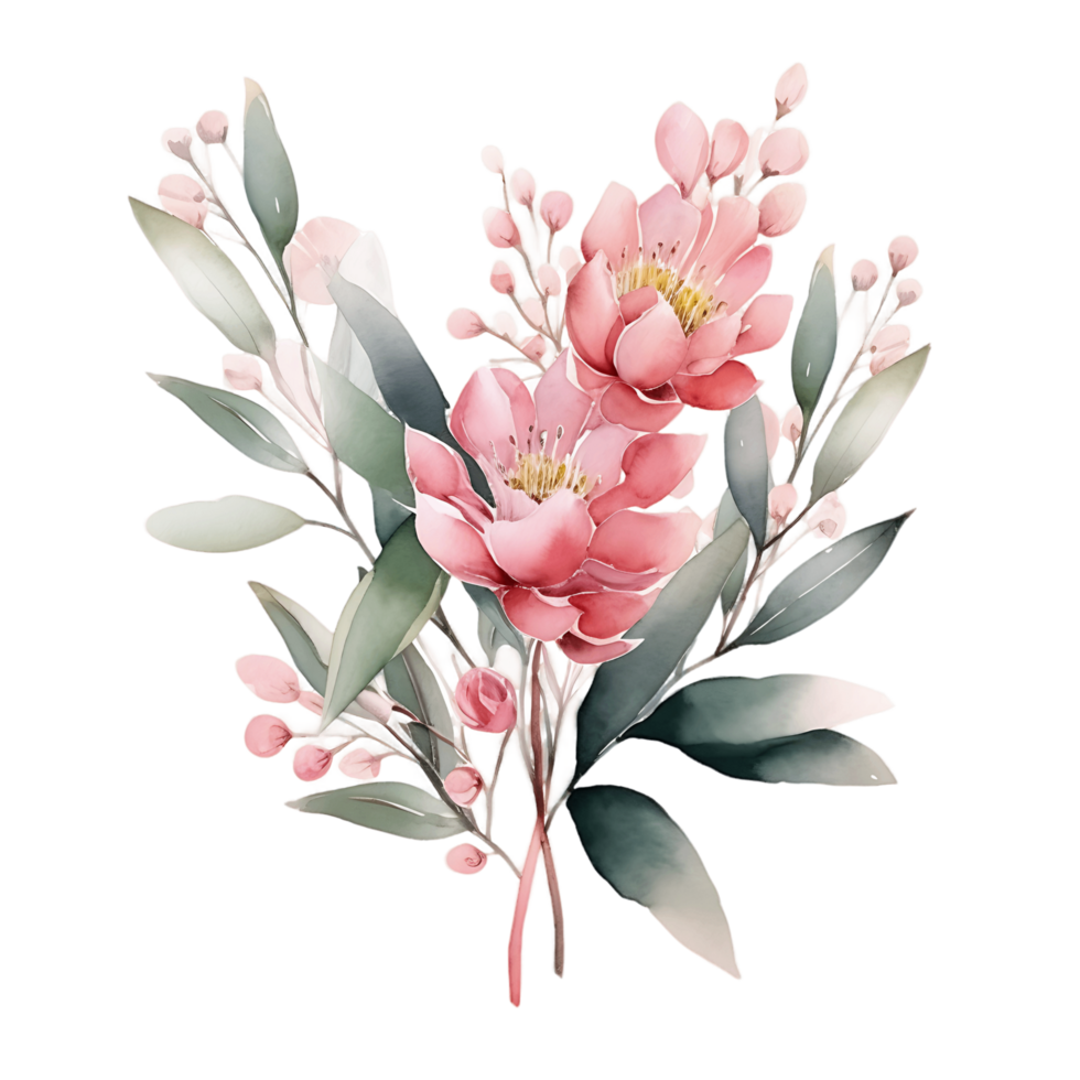 AI generated Delicate Pink Blossom and Eucalyptus Leaves png