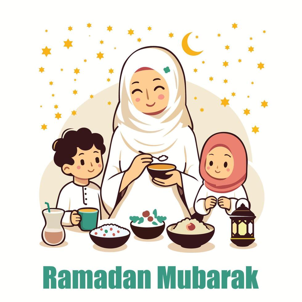 Ramadán mubarak, Ramadán kareem con familia y ser contento vector