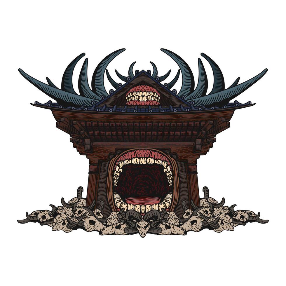 detailed line art, illustration of wooden gate with skull, black domain vector