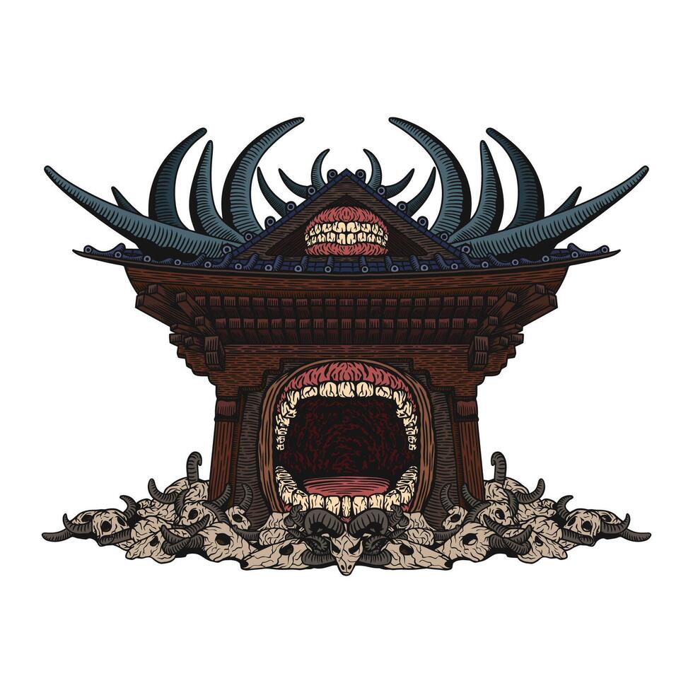detailed line art, illustration of wooden gate with skull, black domain vector